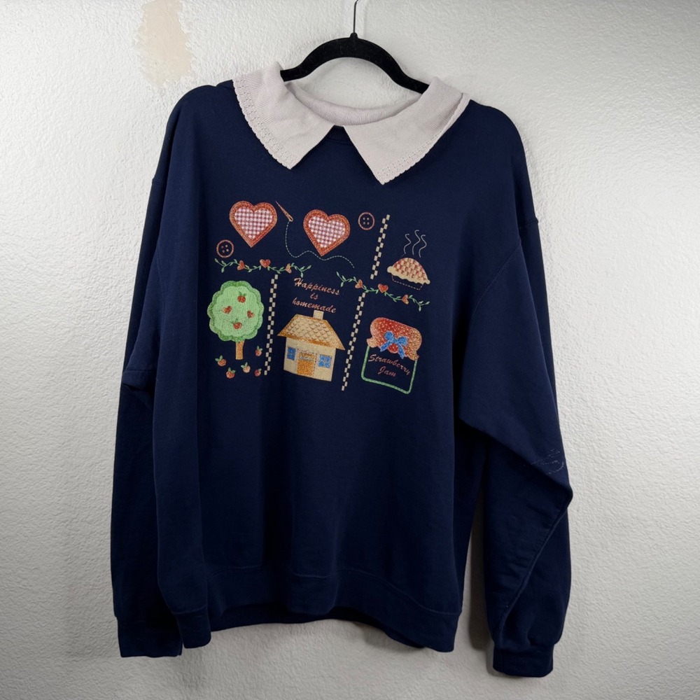 Vintage Jerzees Sweatshirt Top Blue Sz L Happiness Is Homemade Cottage Granny
